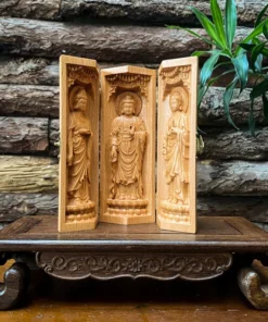 Prayer Altar Buddhist Amitabha Buddha Triptych 6'' High Wooden Statues