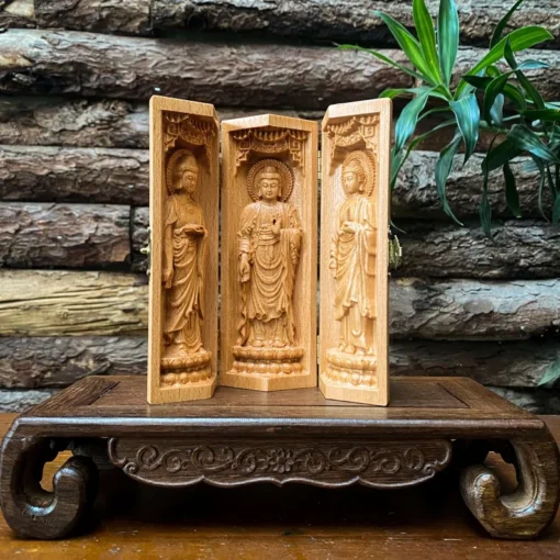 Prayer Altar Buddhist Amitabha Buddha Triptych 6'' High Wooden Statues