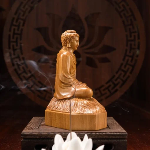 Shakyamuni Buddha Statue - 5.9" Small Wood Carving - Green Cypress