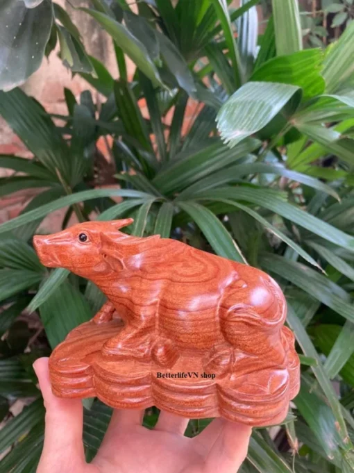 Small Feng Shui Buffalo Statue 8.5cm Handcrafted Padauk Wooden Sculpture