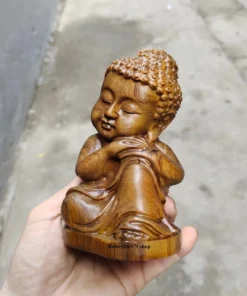 Small Wooden Buddha Statue - 5.1x3.1x2.3 inches - Green Cypress Wood