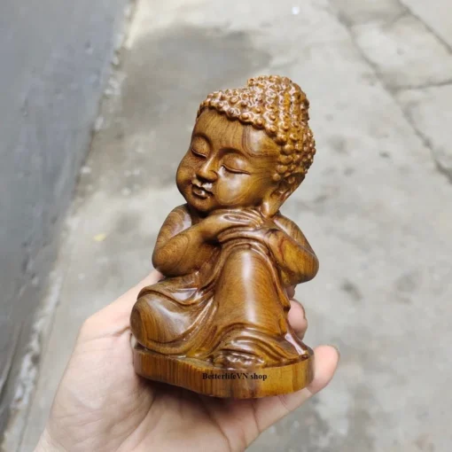 Small Wooden Buddha Statue - 5.1x3.1x2.3 inches - Green Cypress Wood