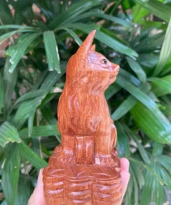 Small Wooden Cat Statue 4.7 Inches - Handcrafted Feng Shui Decor