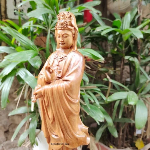 Solid Handcrafted Guanyin Buddha Statue 11.8" Wooden Sculpture