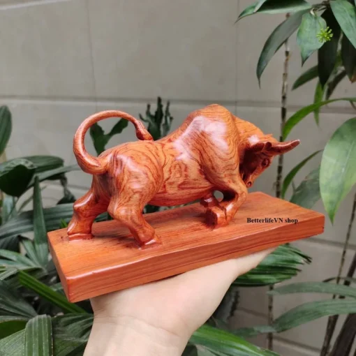 Solid Wooden Bull Sculpture - 20cm Handcrafted Padauk Wood Figurine