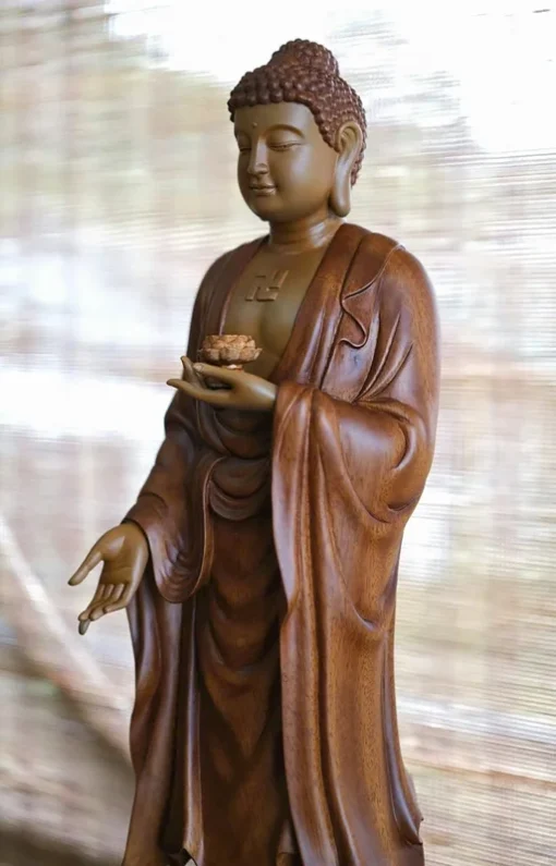 Standing Amitabha Buddha Statue 24" High - Wooden Handcrafted Feng Shui Sculpture