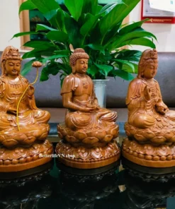 The Three Saints of the Western Pure Land Statues 7.8" - Handcrafted Wooden Buddhist Art in Green Cypress