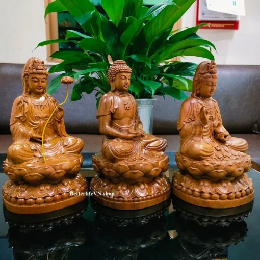 The Three Saints of the Western Pure Land Statues 7.8" - Handcrafted Wooden Buddhist Art in Green Cypress