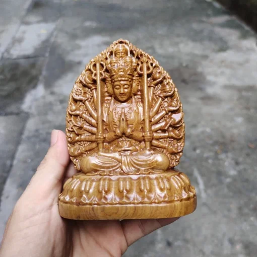 Thousand Hands Guan Yin Statue - 4.7"H - Green Cypress Wood - Double-sided Design