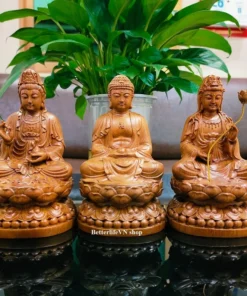 Three Saints of the Western Pure Land Statue - 15cm - Green Cypress Wood