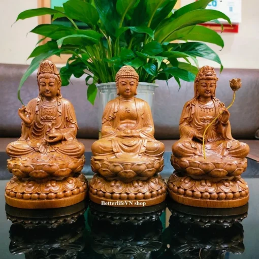 Three Saints of the Western Pure Land Statue - 15cm - Green Cypress Wood