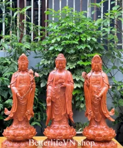 Three Saints of the Western Pure Land Statue 27.5 inches Padauk Wood