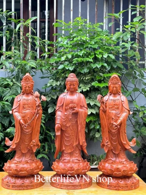 Three Saints of the Western Pure Land Statue 27.5 inches Padauk Wood