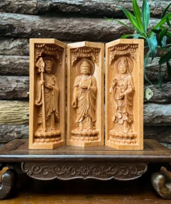 Triptych of Ksitigarbha Bodhisattva - 6'' High - Beech Wood - Portable Folding Altar