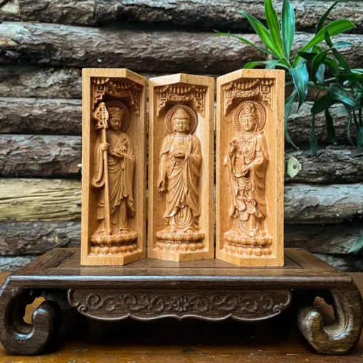 Triptych of Ksitigarbha Bodhisattva - 6'' High - Beech Wood - Portable Folding Altar