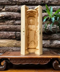 Triptych of Ksitigarbha Bodhisattva - Amitabha Buddha - Guanyin Buddha - 8'' High, Handmade Maple Wood