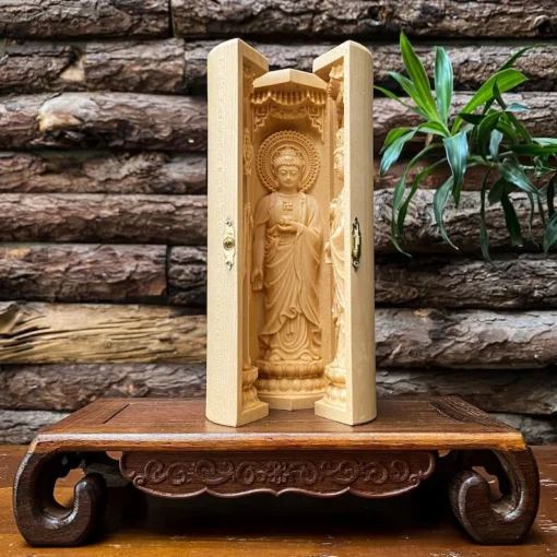 Triptych of Ksitigarbha Bodhisattva - Amitabha Buddha - Guanyin Buddha - 8'' High, Handmade Maple Wood