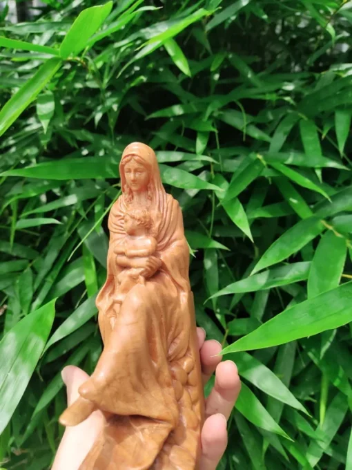 Virgin Mary Holding Baby Jesus Wooden Statue 5.9" Handcrafted Beech Wood