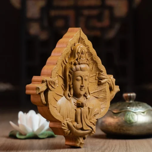 Wood Carved Guan Yin Bodhisattva Wall Art - 18cm Handmade Meditation Decor