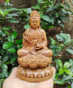 Wood Guanyin Statue Sitting On Lotus - 5.9