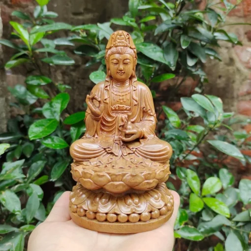 Wood Guanyin Statue Sitting On Lotus - 5.9" Hand-Carved Green Cypress