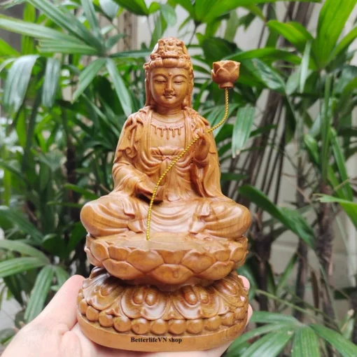 Wooden Bodhisattva Statue - 7.8x3.5x3.5 inches - Green Cypress Wood