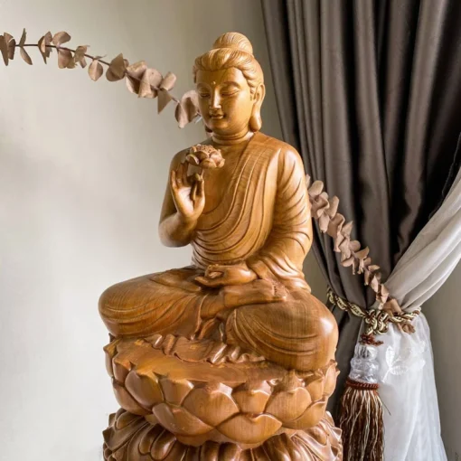 Wooden Buddha Statue - Sitting Gautama Buddha 11.8" - Green Cypress Wood