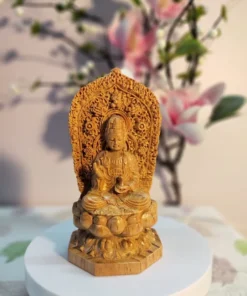 Wooden Buddha Statue on Lotus - Handcrafted Shakyamuni Buddha - 5.1 Inches, Blood Dragon Wood