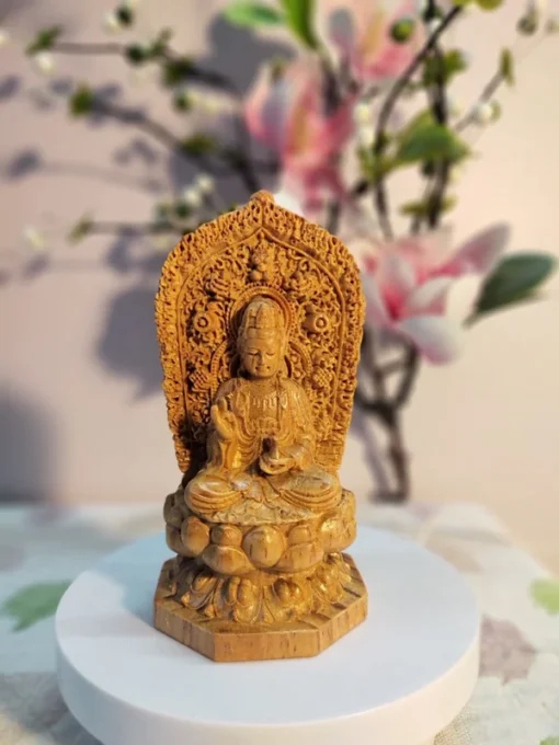 Wooden Buddha Statue on Lotus - Handcrafted Shakyamuni Buddha - 5.1 Inches, Blood Dragon Wood