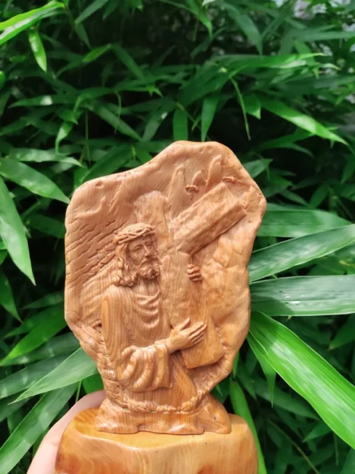 Wooden Christ Crucifixion Statue - 15x10cm - Beech/Fokienia Wood Handmade from the Holy Land