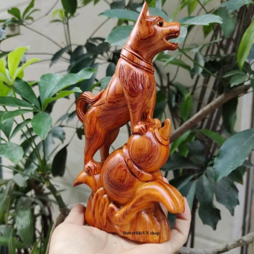 Wooden Dog Statue - 7.8" Handcrafted Animal Figurine - Padauk Wood