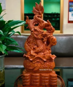 Wooden Dragon Statue - 11.8 in - Natural Padauk Wood - Feng Shui Dragon with Pearl