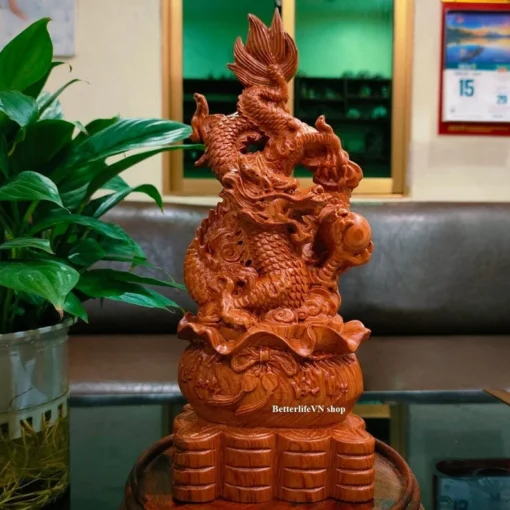 Wooden Dragon Statue - 11.8 in - Natural Padauk Wood - Feng Shui Dragon with Pearl