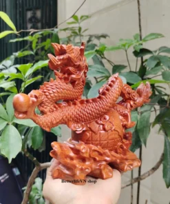 Wooden Dragon Statue - 7 x 9.4 x 3.1 Inches - Natural Padauk Wood