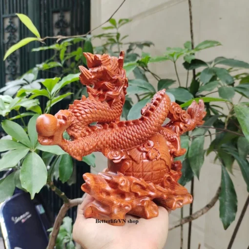 Wooden Dragon Statue - 7 x 9.4 x 3.1 Inches - Natural Padauk Wood