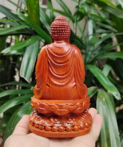 Wooden Gautama Buddha Sitting on Lotus Flower Statue 5.9”H - Handcrafted Padauk Wood