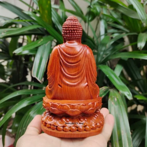 Wooden Gautama Buddha Sitting on Lotus Flower Statue 5.9”H - Handcrafted Padauk Wood