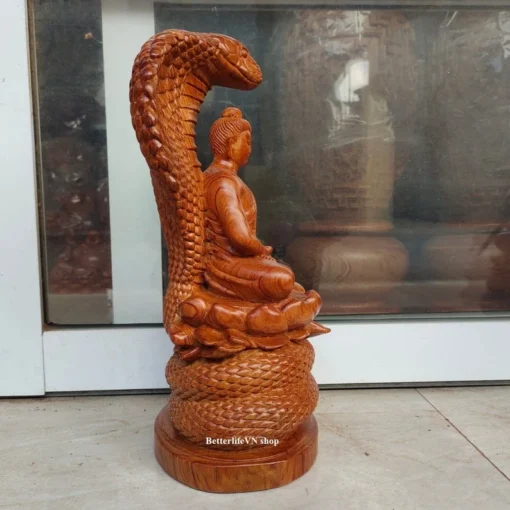 Wooden Gautama Buddha Statue - 15.7" Sitting on Naga Buddha - Handcrafted Meditation Decor