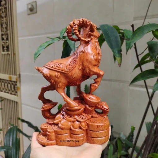 Wooden Goat Statue - 7.8 inches - Padauk Wood - Handcrafted Feng Shui Figurine for Luck and Fortune