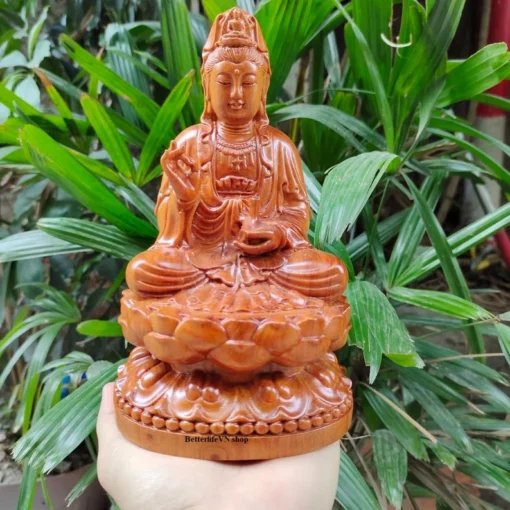 Wooden Guanyin Buddha Statue 7.8" Handcrafted Padauk Wood Lotus Pedestal