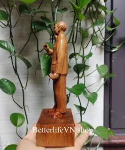 Wooden Ho Chi Minh Statue 7.8 Inches Handcrafted Green Cypress