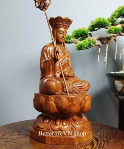 Wooden Ksitigarbha Bodhisattva Buddha Statue - 15.7 Inches, Natural Padauk Wood