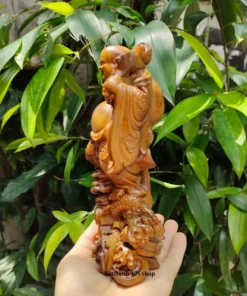 Wooden Laughing Buddha Statue 20cm, Green Cypress, Maitreya on Dragon