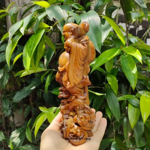 Wooden Laughing Buddha Statue 20cm, Green Cypress, Maitreya on Dragon