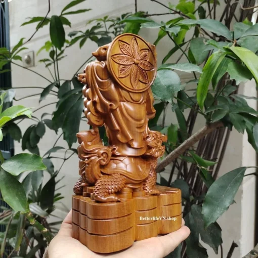 Wooden Laughing Buddha Statue 20x11.5x7 cm - Dragon Turtle - Natural Green Cypress