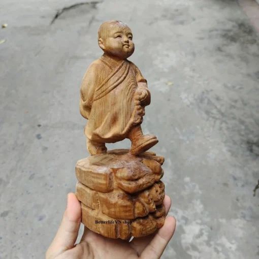 Wooden Little Monk Statue 20 cm Peaceful Handcrafted Wooden Sculpture