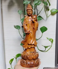 Wooden Mahasthamaprapta Buddha Statue - 30x10x9cm - Green Cypress Wood