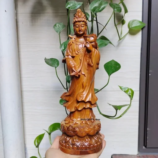 Wooden Mahasthamaprapta Buddha Statue - 30x10x9cm - Green Cypress Wood