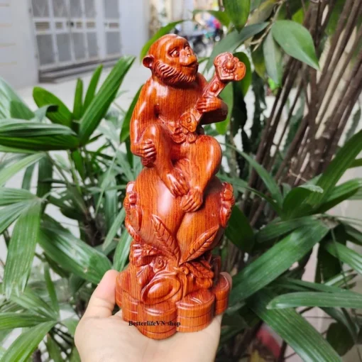 Wooden Monkey Statue - 7.8 Inches - Padauk Wood - Handcrafted Feng Shui Design