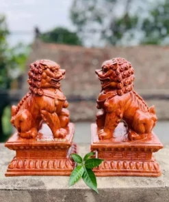 Wooden Pair of Suan Ni Statue - 20cm Handcrafted Chinese Guardian Lions